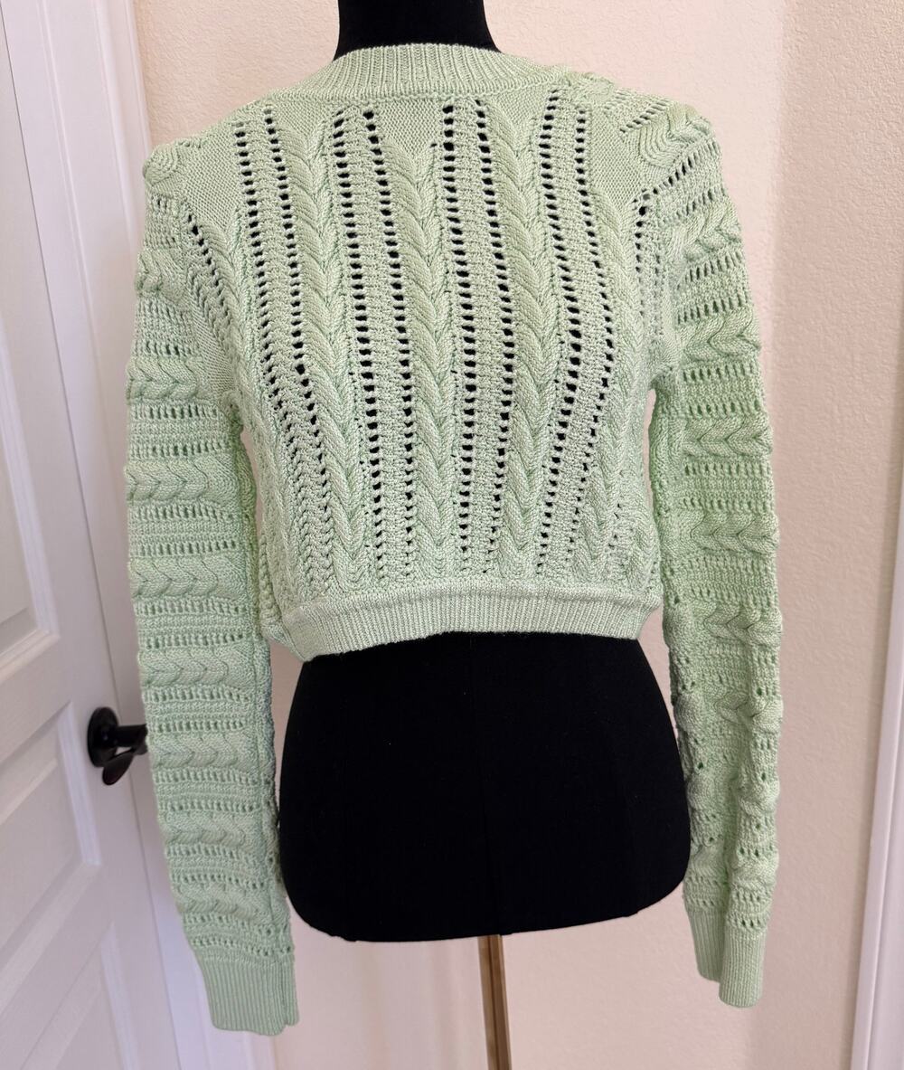 Camila Coelho Corin Cropped Cable Knit Sweater Pastel Green M